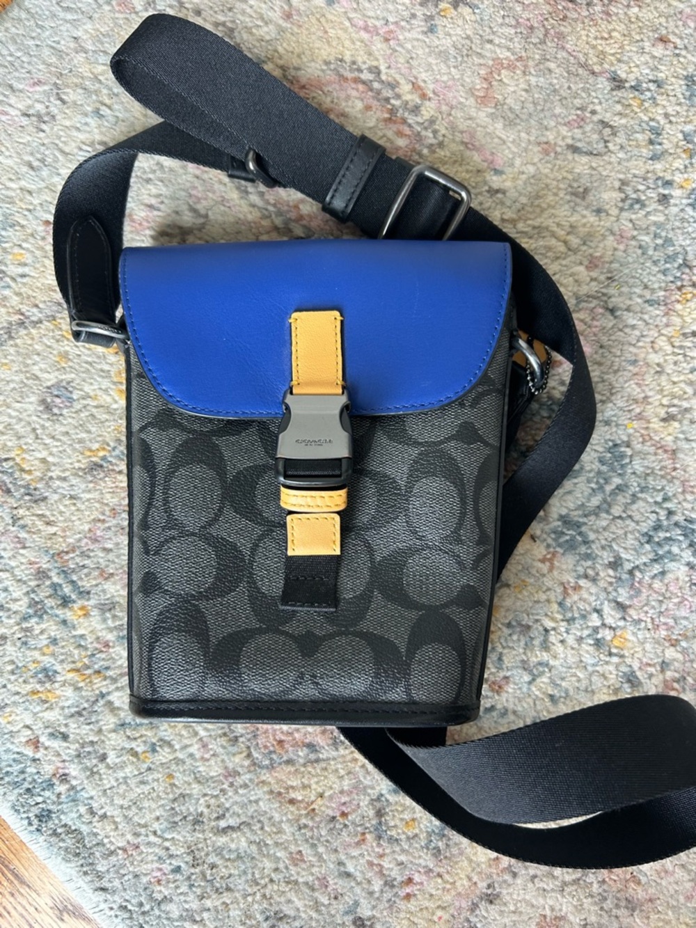 Coach Signature Crossbody Bag in Black & Blue with Yellow Accent